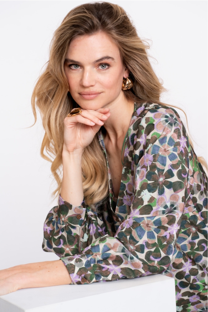 BLOUSE MET RETRO BLOEMENPRINT 53636 20 000300 LILA/GREEN